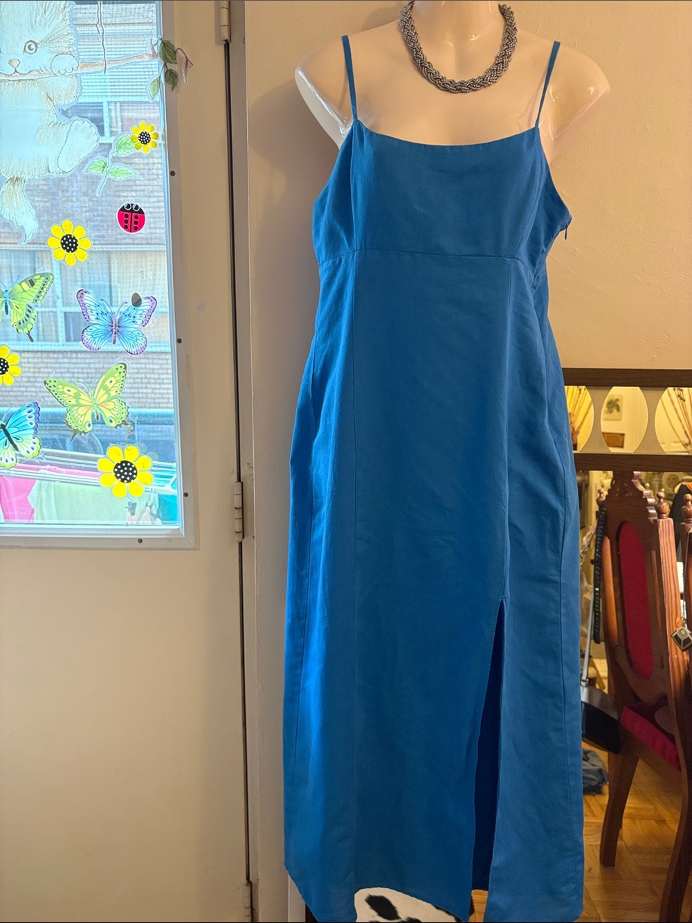 Zara Cobalt Blue Spaghetti-Strap Maxi Dress with Side Slit. Linen. Cotton